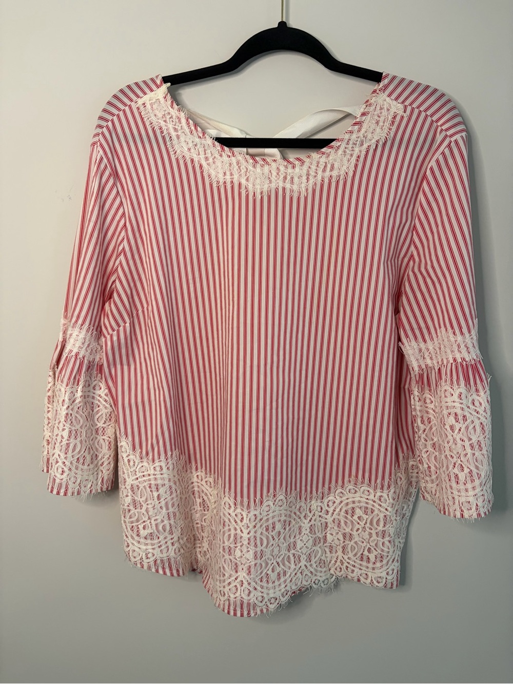 grand & greene Red and White Striped Lace-Trim Blouse